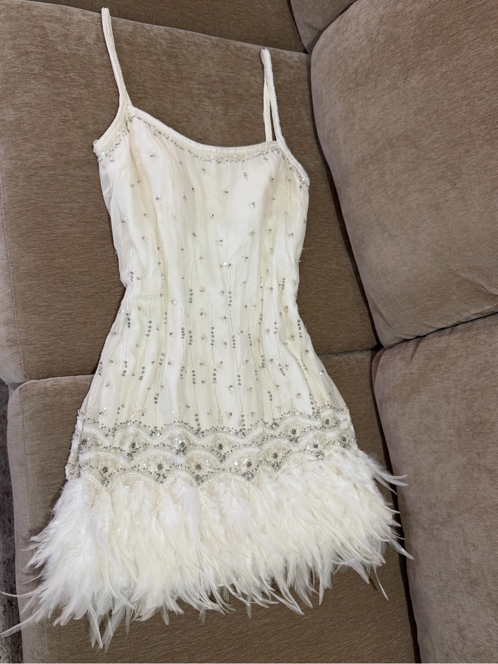 100% silk Ivory Beaded Feather Hem Slip Dress
